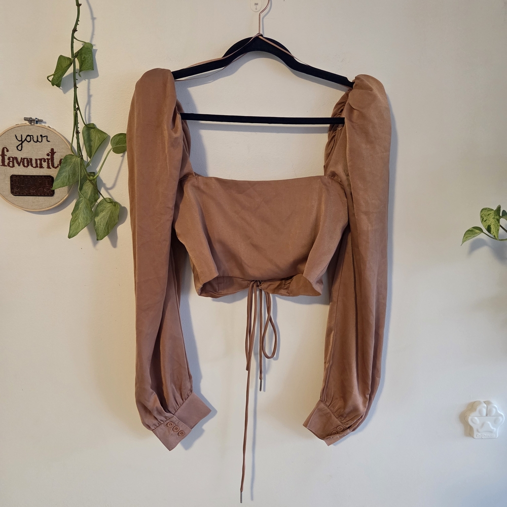 Elegant Tan Lace-Up Blouse with Puff Sleeves - Picture 6 of 6